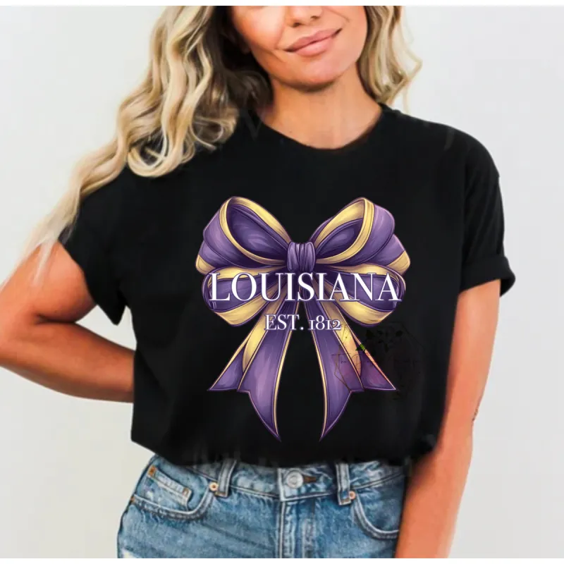 LA purple & gold Bow Tee sold by The Dogwood Boutique