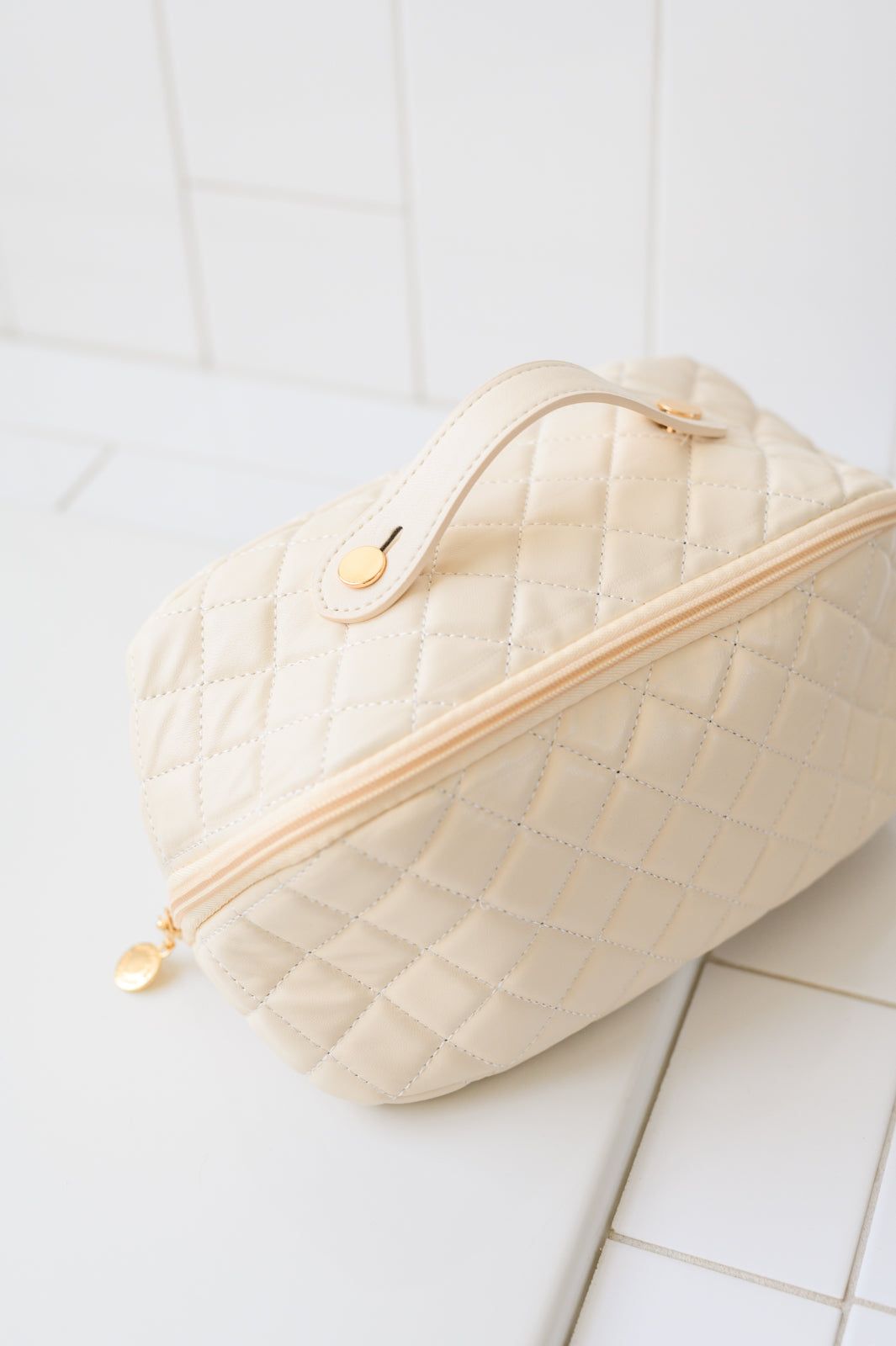 Large Capacity Quilted Makeup Bag in Cream sold by The Dogwood Boutique product image thumbnail 3