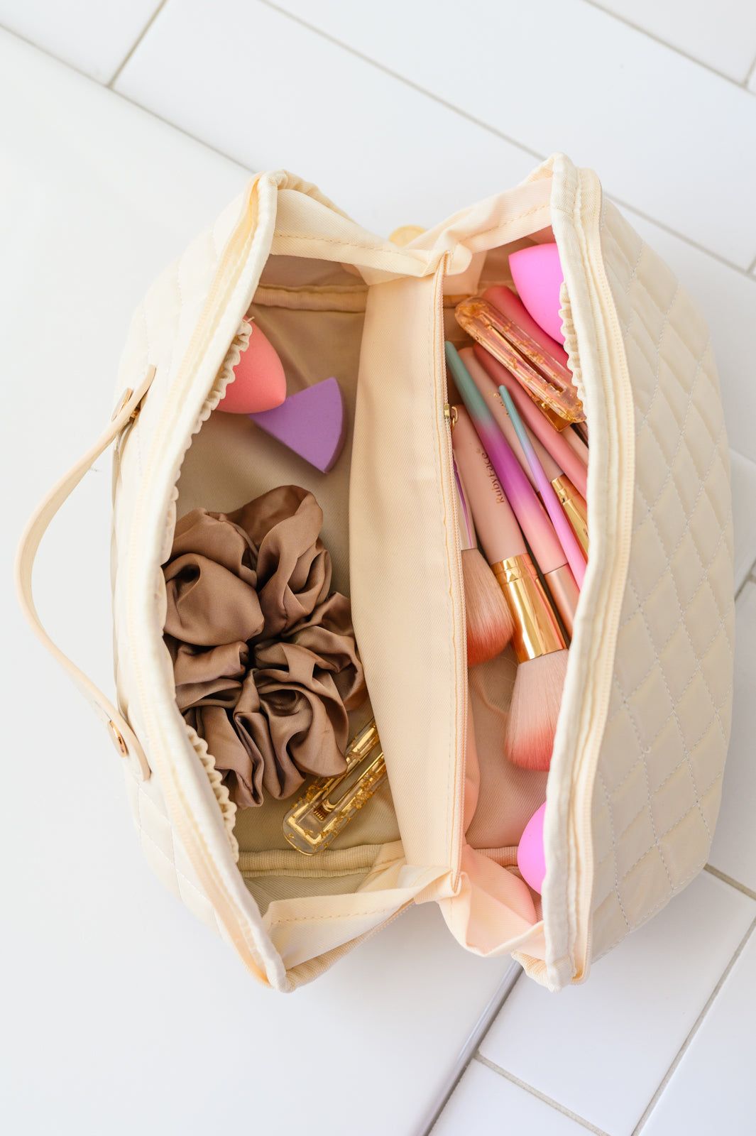 Large Capacity Quilted Makeup Bag in Cream sold by The Dogwood Boutique product image thumbnail 5