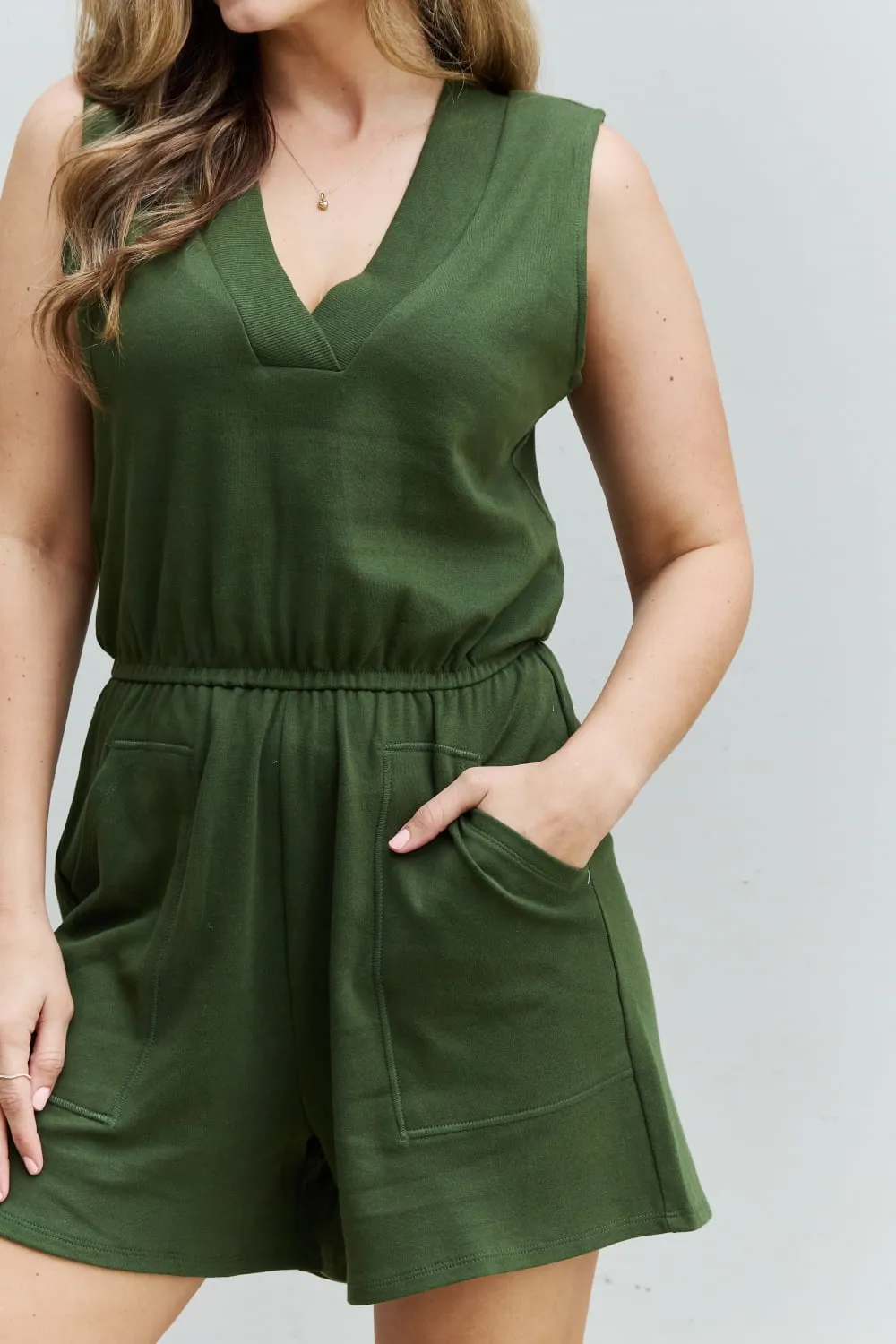Zenana Forever Yours Full Size V-Neck Sleeveless Romper in Army Green sold by The Dogwood Boutique product image thumbnail 5