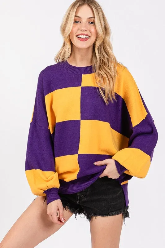 Purple & Gold Checkered Sweater Top sold by The Dogwood Boutique