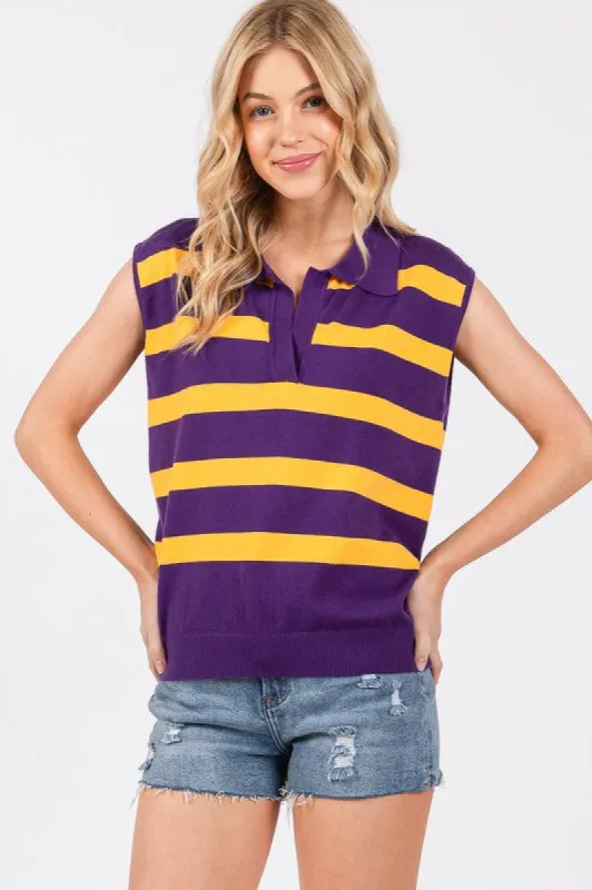 Purple & Gold Striped Sleeveless Sweater Top sold by The Dogwood Boutique