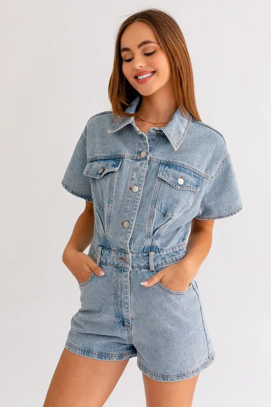 Short Sleeve Denim Romper sold by The Dogwood Boutique