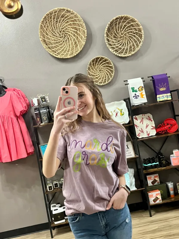 Faux Tinsel Mardi Gras Tee sold by The Dogwood Boutique