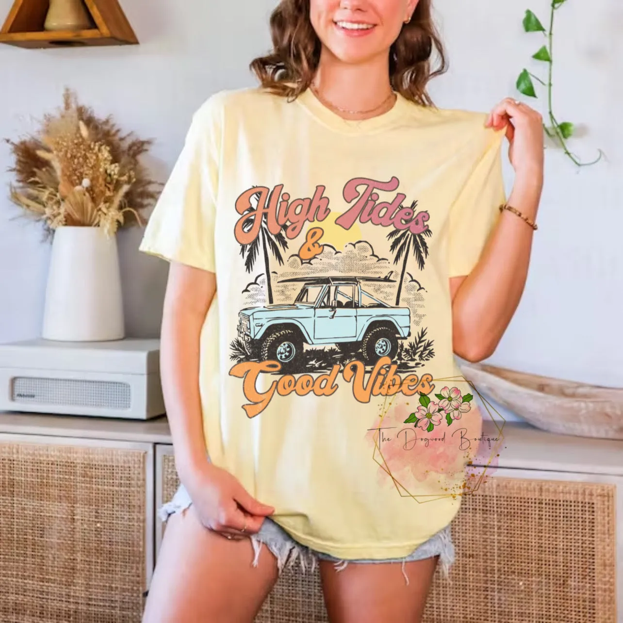 High Tides & Good Vibes Comfort Colors Tee sold by The Dogwood Boutique