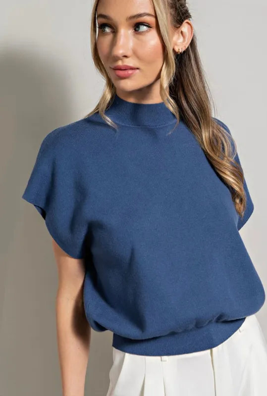 Denim Blue Mock Neck Short Sleeve Top sold by The Dogwood Boutique
