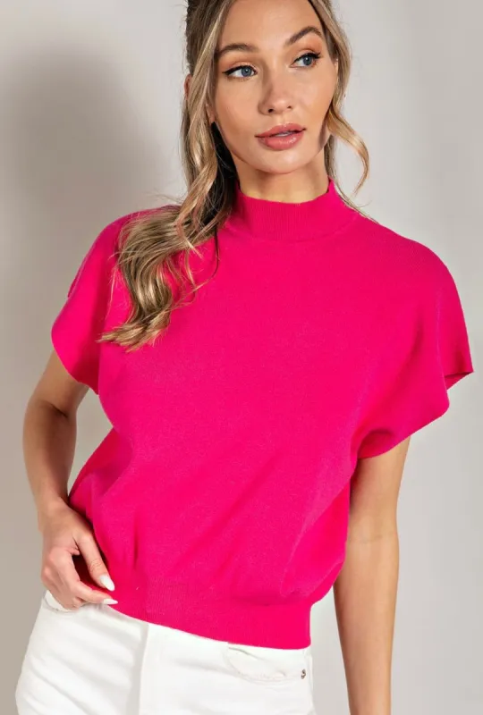 Hot Pink Mock Neck Short Sleeve Top sold by The Dogwood Boutique