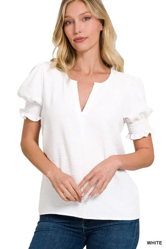 White Woven V-Neck Smocked Puff Sleeve Top sold by The Dogwood Boutique