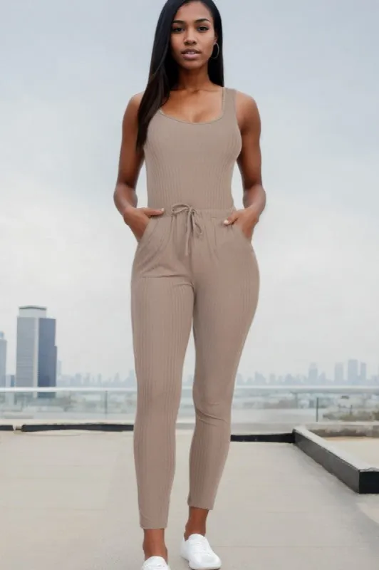 Ribbed Sleeveless Drawstring catsuits Jumpsuit sold by The Dogwood Boutique