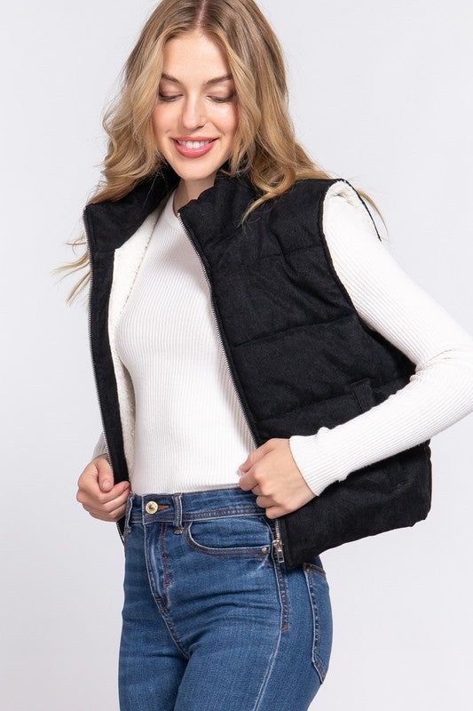Black Corduroy Inner Faux Fur Puffer Vest sold by The Dogwood Boutique