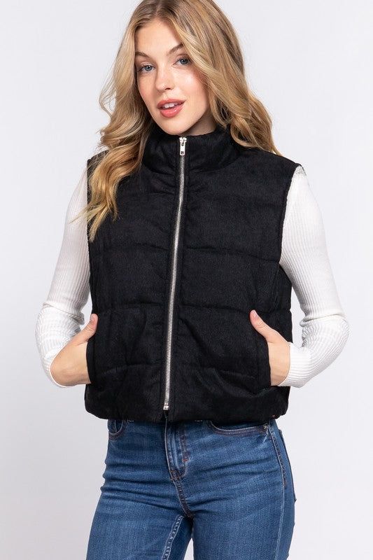 Black Corduroy Inner Faux Fur Puffer Vest sold by The Dogwood Boutique product image thumbnail 2