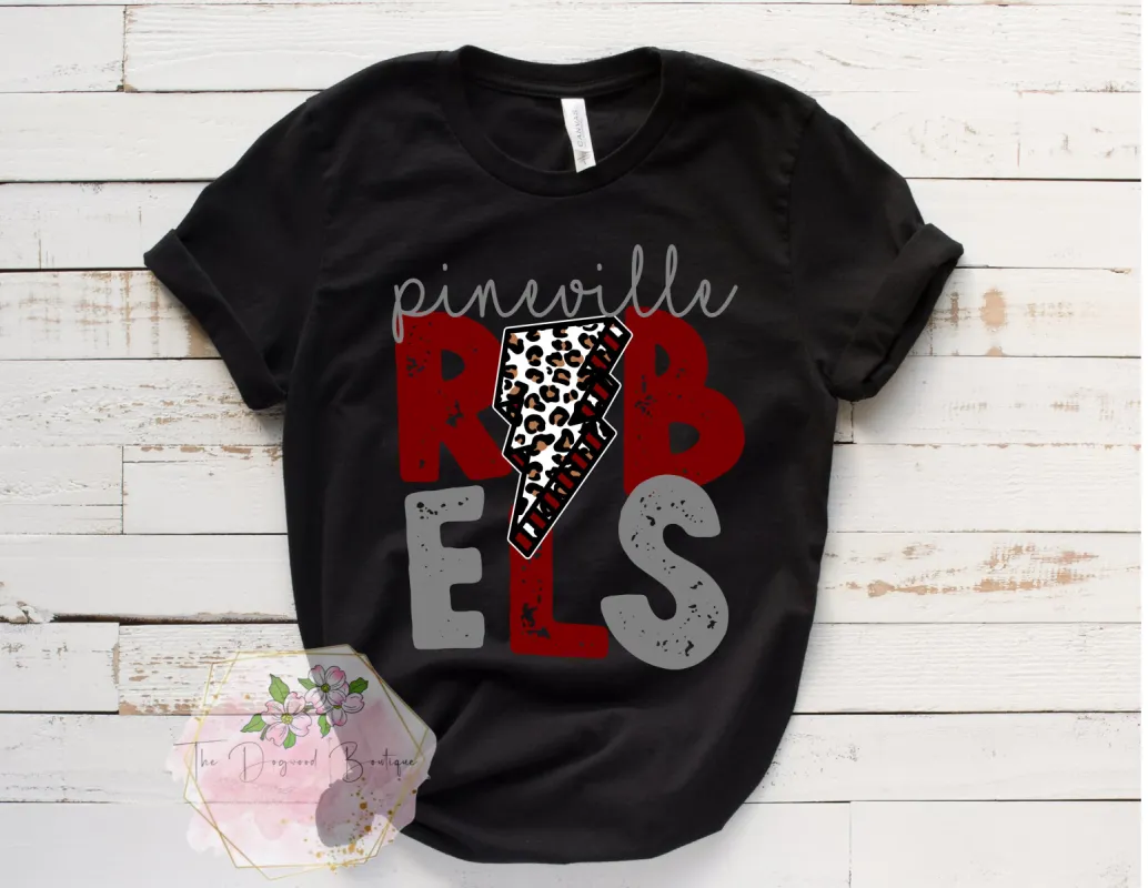 Pineville Rebels Lightning Bolt Tees sold by The Dogwood Boutique