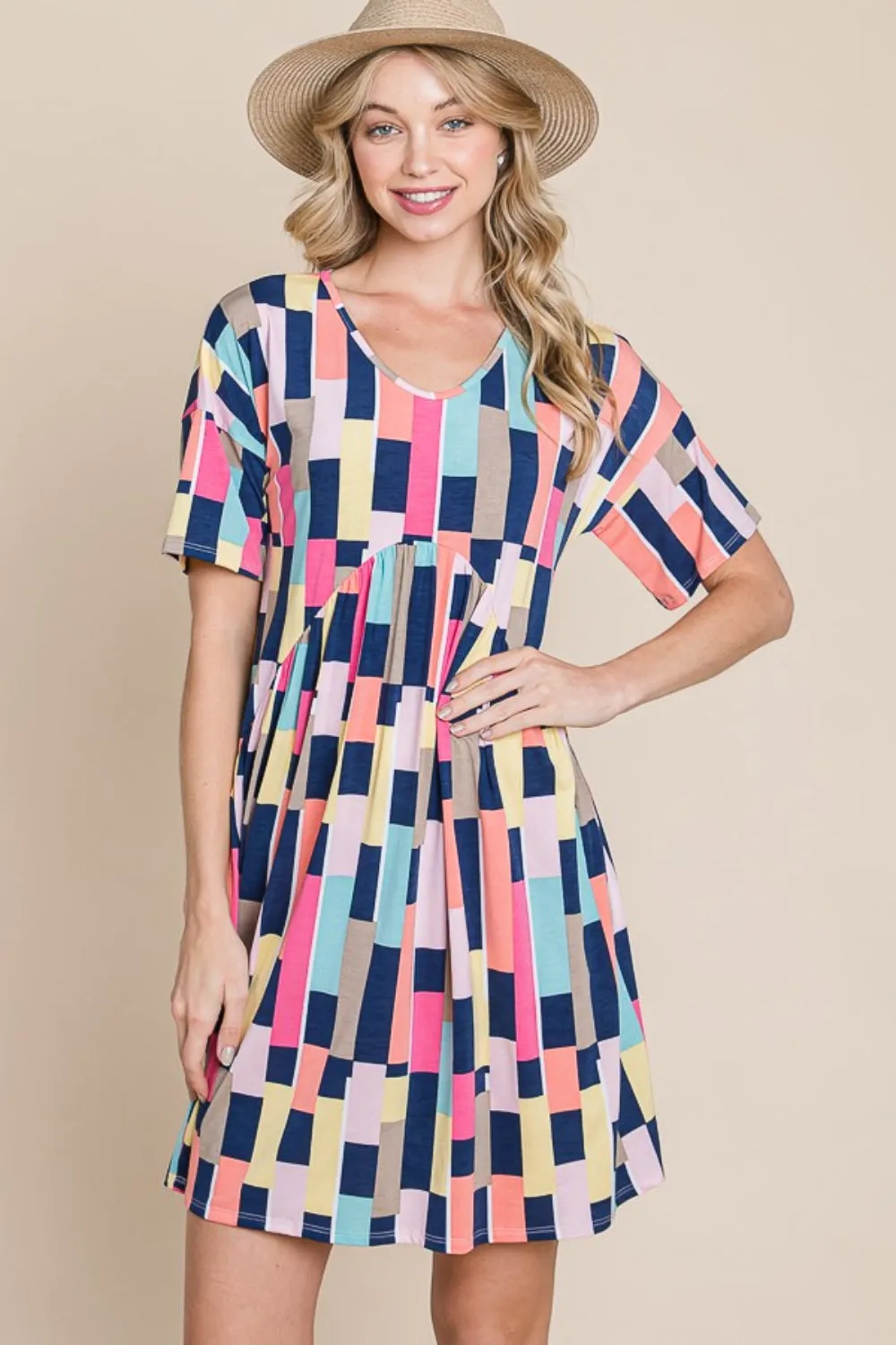 BOMBOM Ruched Color Block Short Sleeve Mini Dress sold by The Dogwood Boutique
