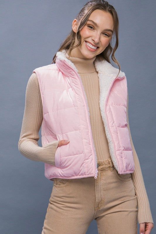 Light Pink Reversible Puffer Vest with Sherpa Lining sold by The Dogwood Boutique