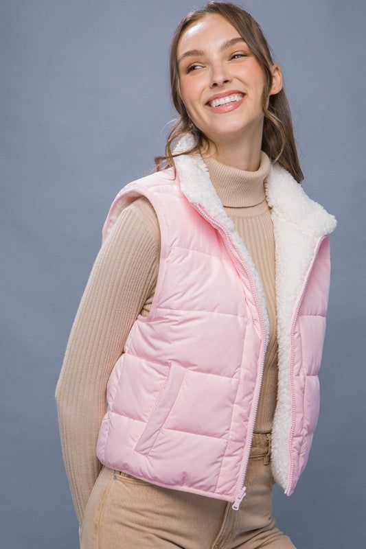 Light Pink Reversible Puffer Vest with Sherpa Lining sold by The Dogwood Boutique product image thumbnail 2