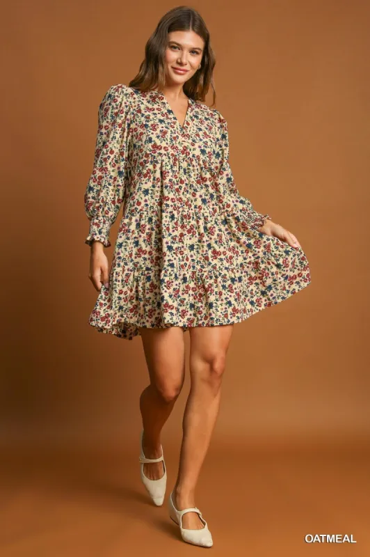 Oatmeal Floral V-Neck Dress sold by The Dogwood Boutique