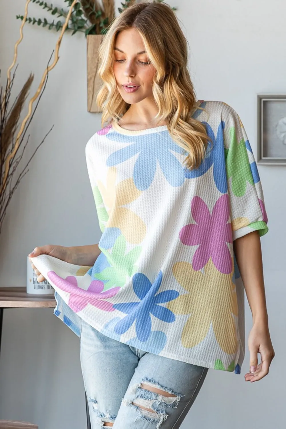 HOPELY Floral Round Neck Waffle T-Shirt sold by The Dogwood Boutique product image thumbnail 3