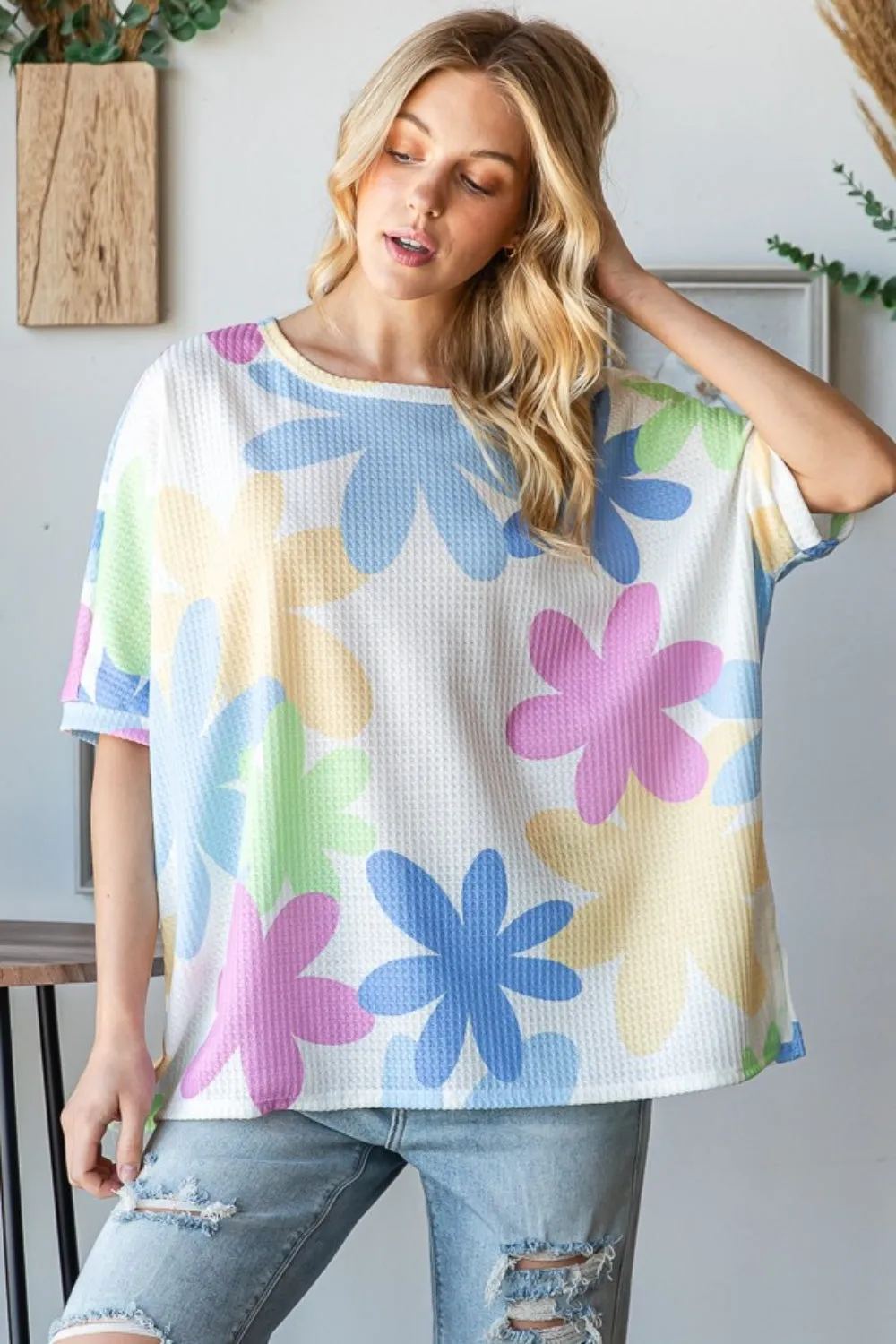 HOPELY Floral Round Neck Waffle T-Shirt sold by The Dogwood Boutique