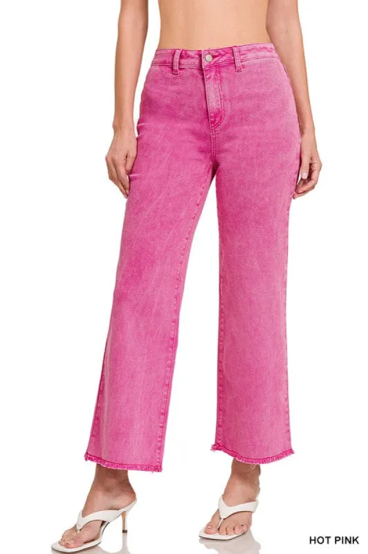 Acid Wash Frayed Cutoff Hem Straight Wide Pants sold by The Dogwood Boutique