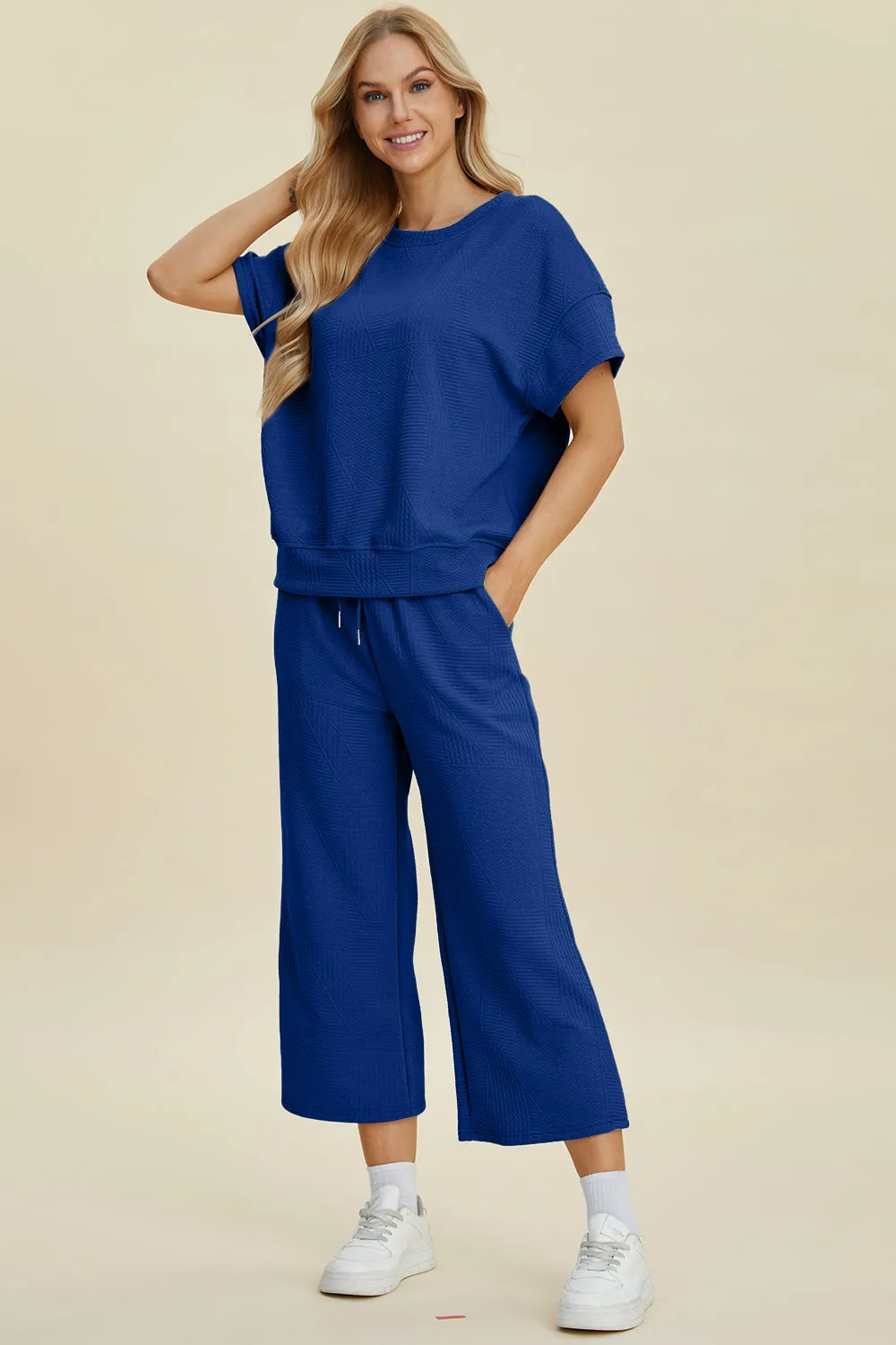 Full Size Texture Round Neck Short Sleeve Top and Wide Leg Pants Set sold by The Dogwood Boutique product image thumbnail 2