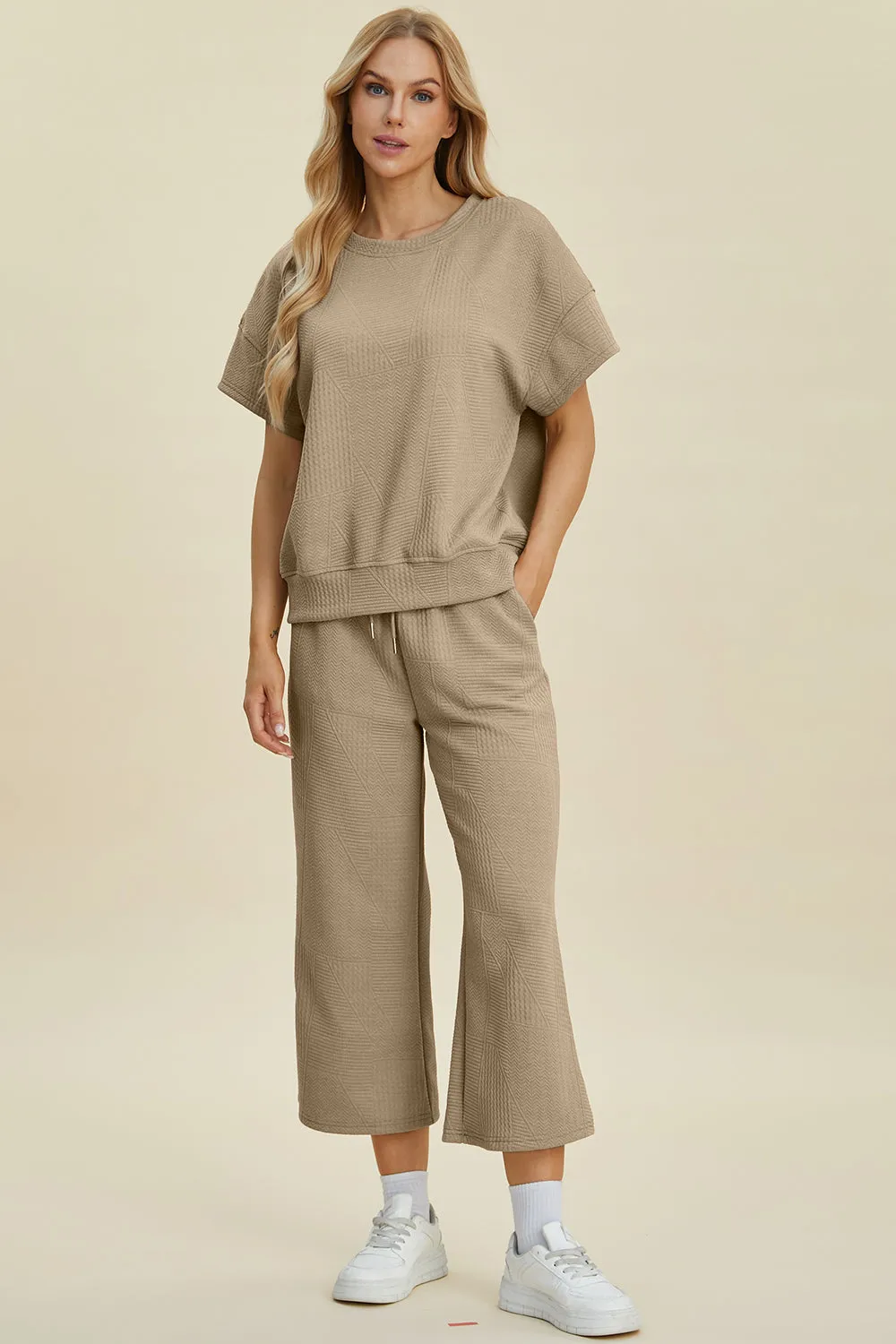 Full Size Texture Round Neck Short Sleeve Top and Wide Leg Pants Set sold by The Dogwood Boutique product image thumbnail 5