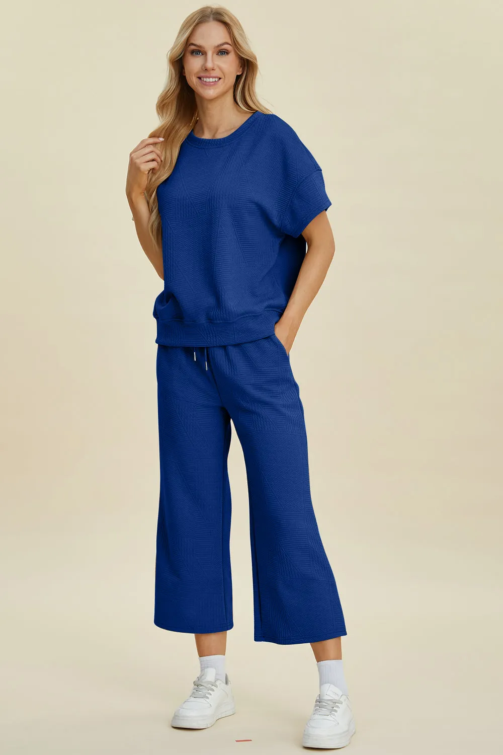 Full Size Texture Round Neck Short Sleeve Top and Wide Leg Pants Set sold by The Dogwood Boutique product image thumbnail 3