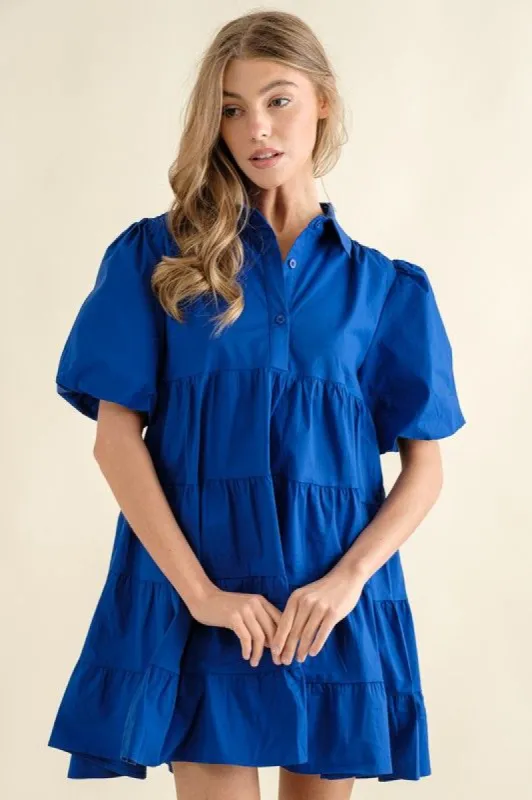 Button Up Tiered Puff SLV Shirt Dress sold by The Dogwood Boutique