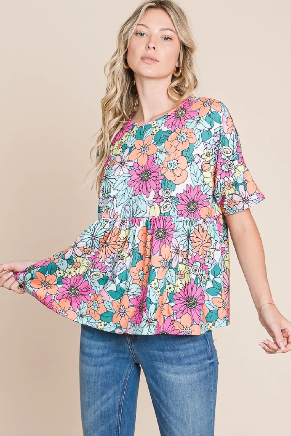 BOMBOM Floral Round Neck Short Sleeve Blouse sold by The Dogwood Boutique product image thumbnail 4