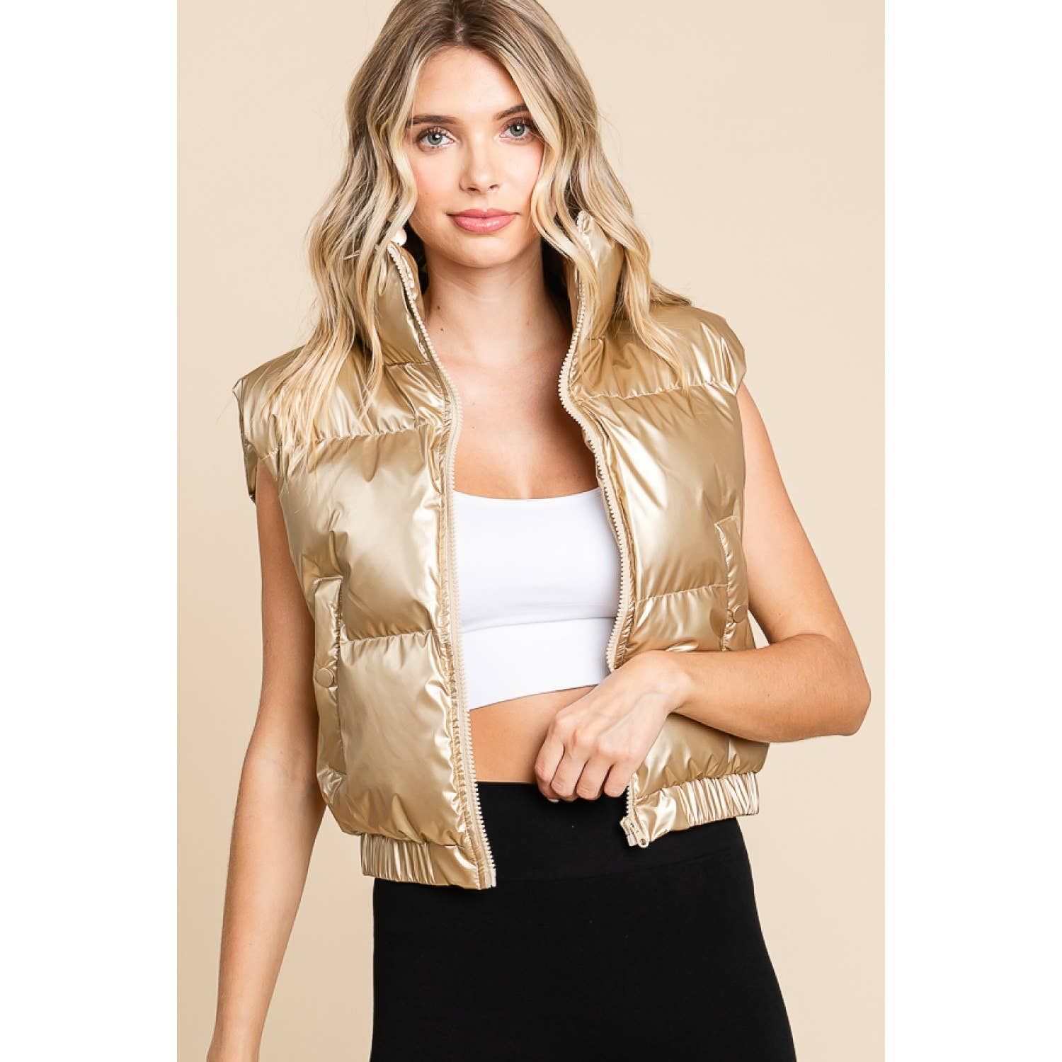 Metallic Gold Puffer Vest sold by The Dogwood Boutique