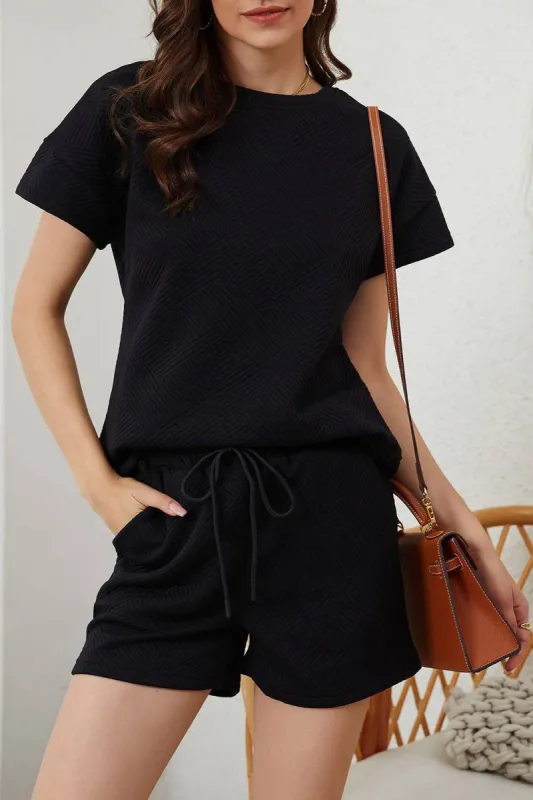 Black Textured Drawstring Shorts Set sold by The Dogwood Boutique