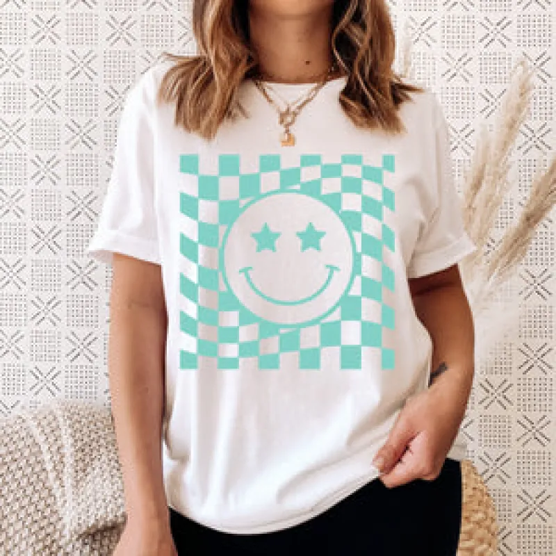 Checkered Smiley Face Tee sold by The Dogwood Boutique