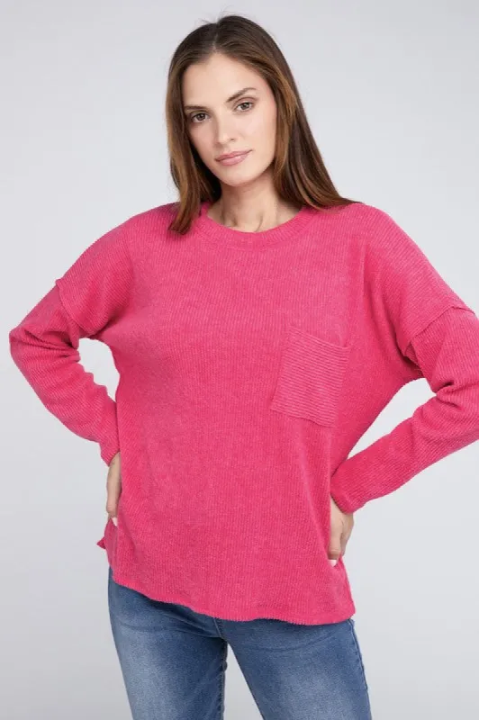 Ribbed Brushed Melange Hacci Sweater with a Pocket sold by The Dogwood Boutique