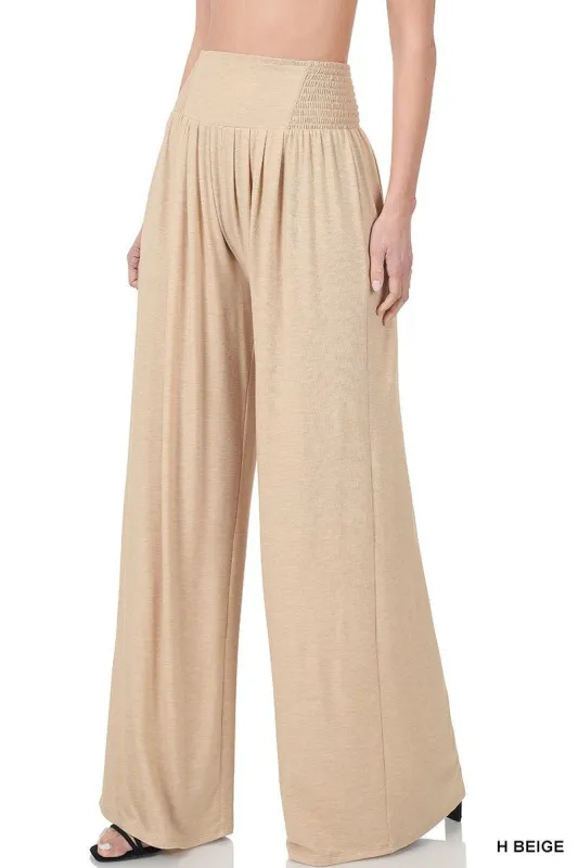 Beige Smocked Waist Wide Leg Pants sold by The Dogwood Boutique