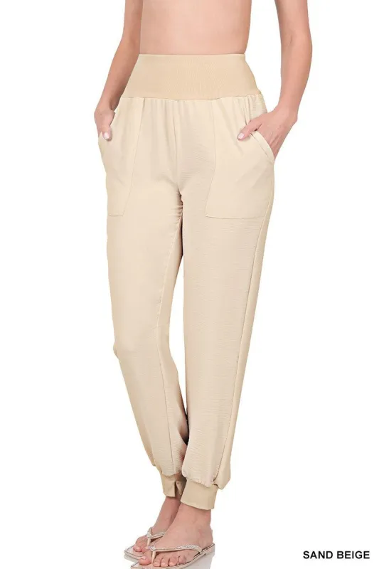 Sand Beige Wide Waistband Woven Joggers sold by The Dogwood Boutique