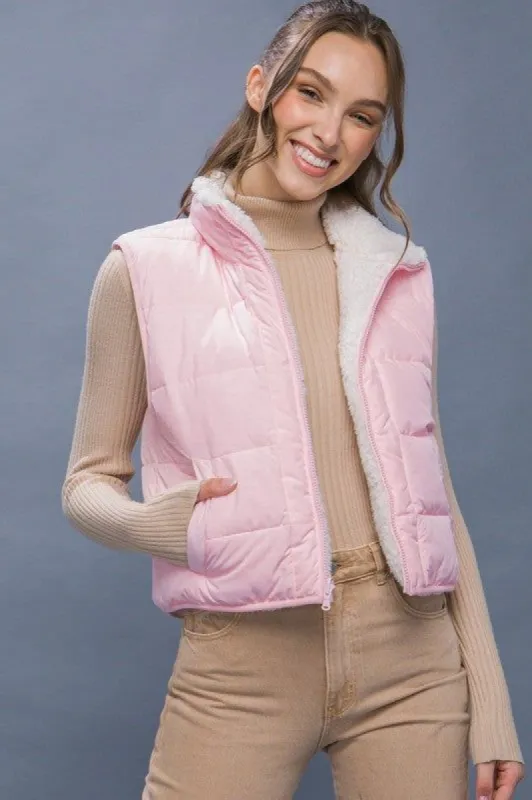 Light Pink Reversible Puffer Vest with Sherpa Lining sold by The Dogwood Boutique