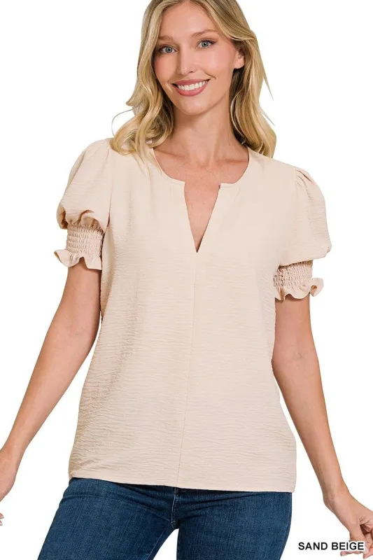 Sand Beige Woven V-Neck Smocked Puff Sleeve Top sold by The Dogwood Boutique