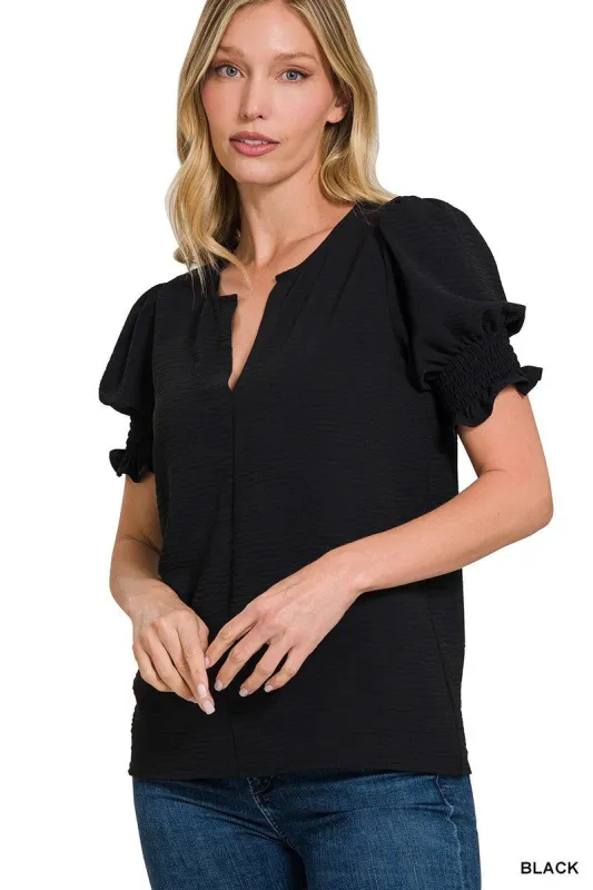 Black Woven Airflow V-Neck Smocked Puff Sleeve Top sold by The Dogwood Boutique