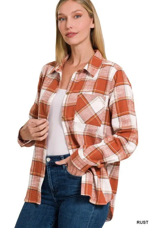 Rust Cotton Plaid Shacket with Front Pocket sold by The Dogwood Boutique