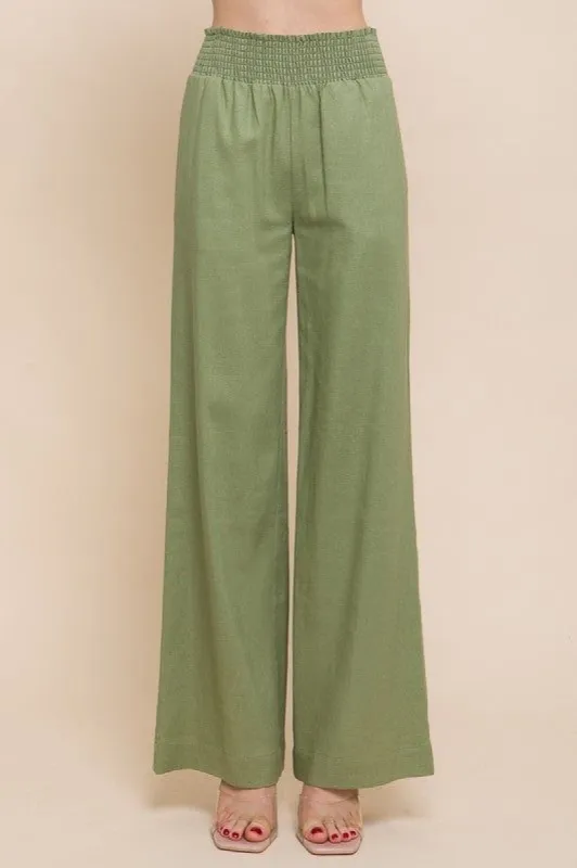 Light Olive Smocked Waist Linen Pants sold by The Dogwood Boutique