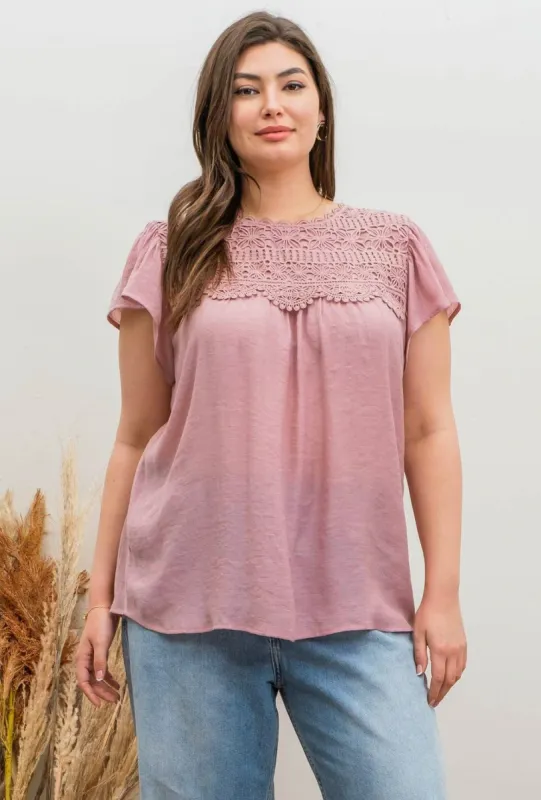 *Curvy* Mauve Lace Contrast Woven Top sold by The Dogwood Boutique