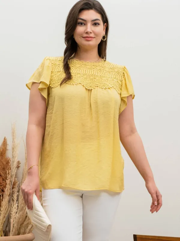 *Curvy* Yellow Lace Contrast Woven Top sold by The Dogwood Boutique