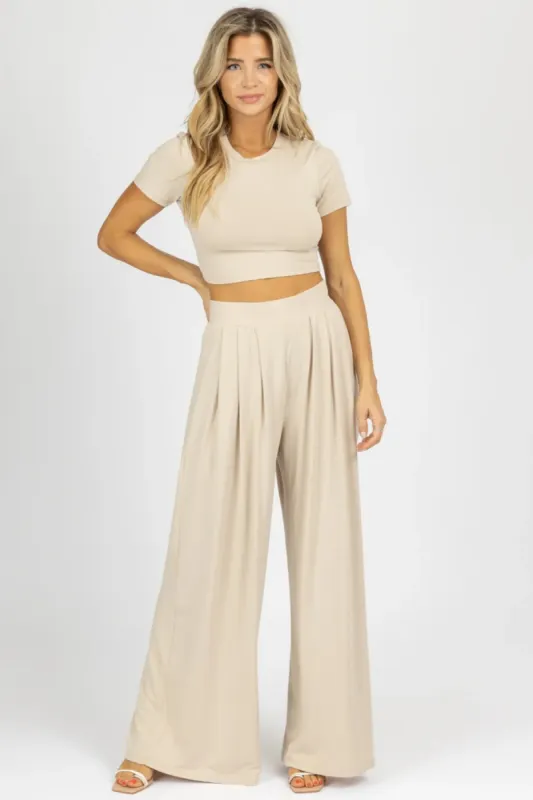 Oatmeal Crop Top & Palazzo Pants Set sold by The Dogwood Boutique