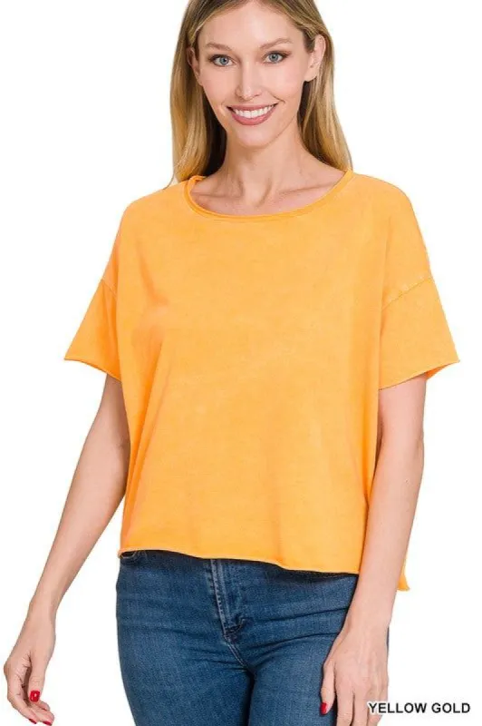 Yellow Gold Acid Wash Raw Edge Short Sleeve Crop Top sold by The Dogwood Boutique