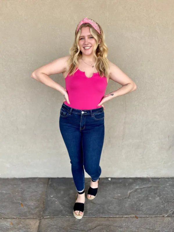 Fuchsia Split Neck Bodysuit sold by The Dogwood Boutique