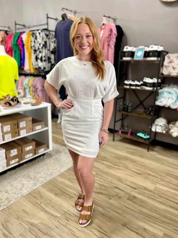 Off White Short Sleeve Mini Dress sold by The Dogwood Boutique