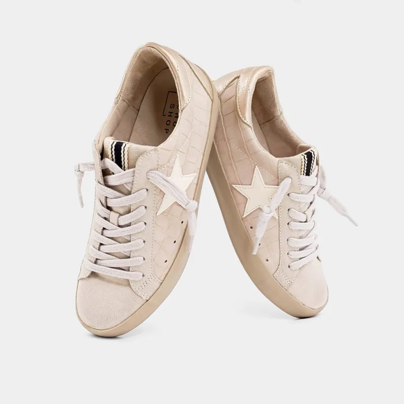 SHUSHOP Sand Croco Paula Sneaker sold by The Dogwood Boutique
