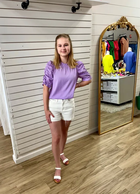 Lilac Ruched Sleeve Top sold by The Dogwood Boutique