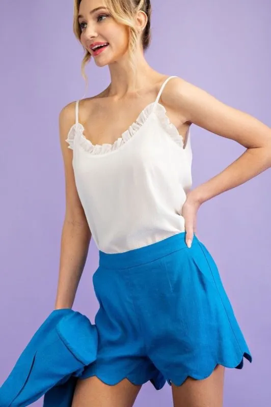 Ocean Blue High Waisted Scalloped Shorts sold by The Dogwood Boutique