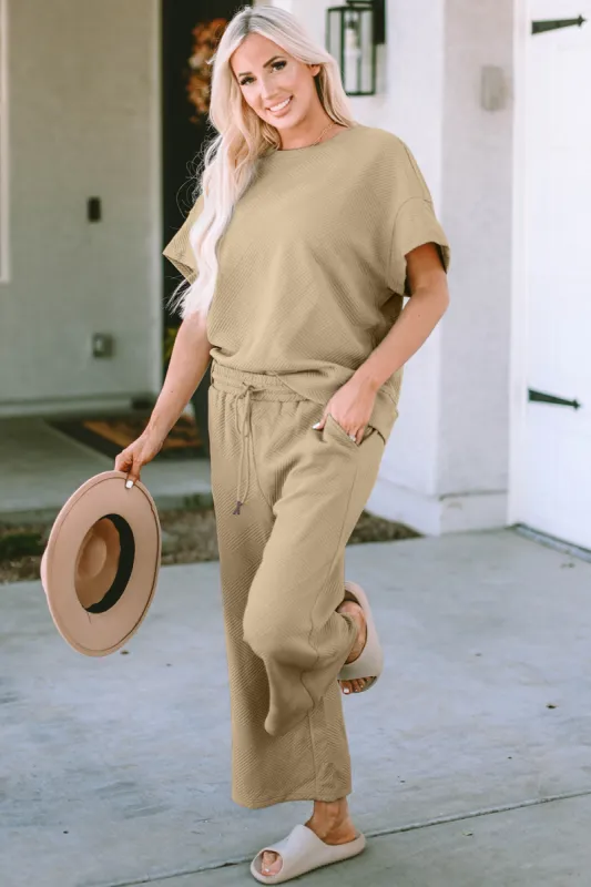 Double Take Full Size Texture Short Sleeve Top and Pants Set sold by The Dogwood Boutique