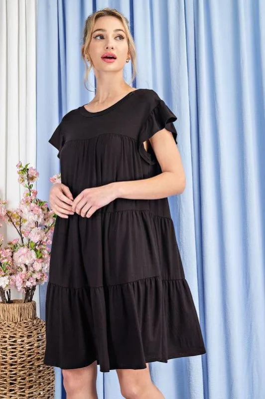 Black Tiered Ruffle Sleeve Mini Dress sold by The Dogwood Boutique